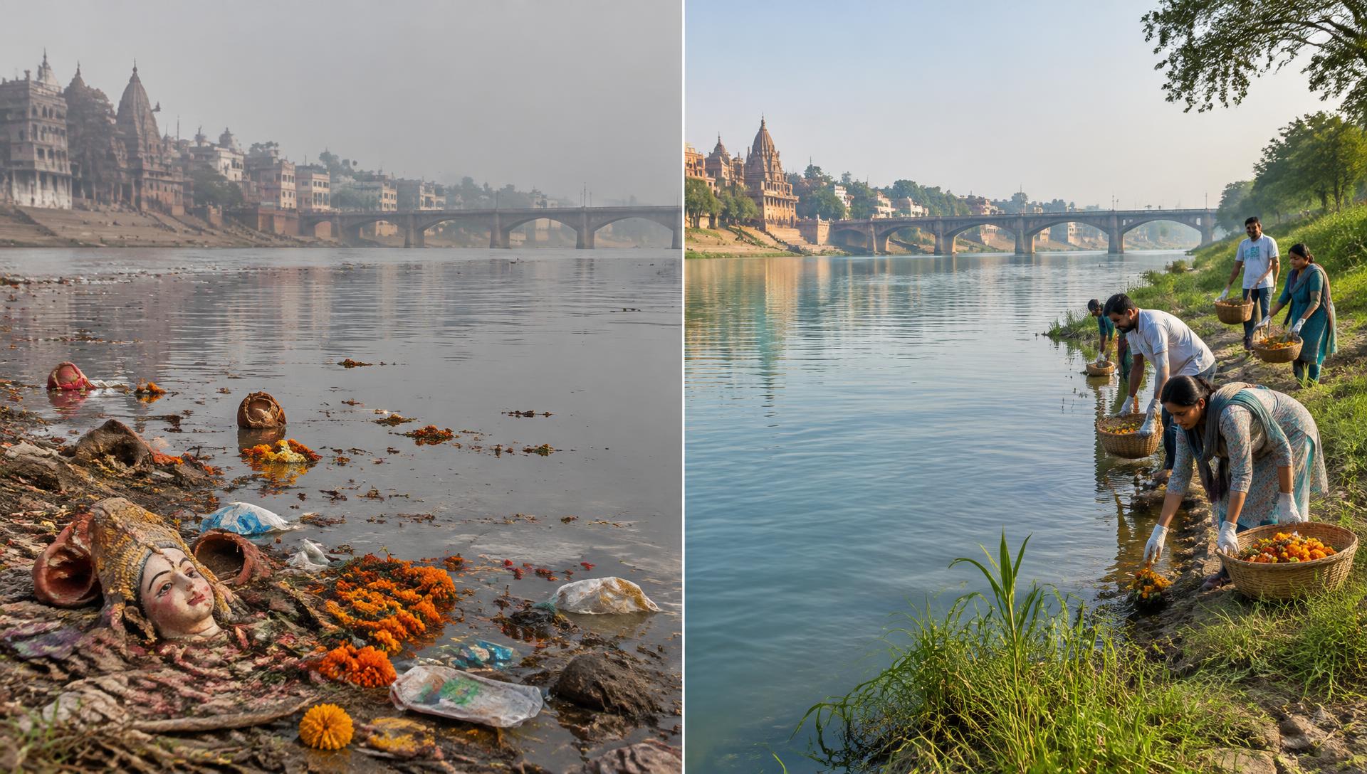 A polluted Indian riverbank contrasted with a restored, clean river